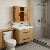 Handcrafted Solid Wood Wall Cabinet with Double Doors and Open Shelves