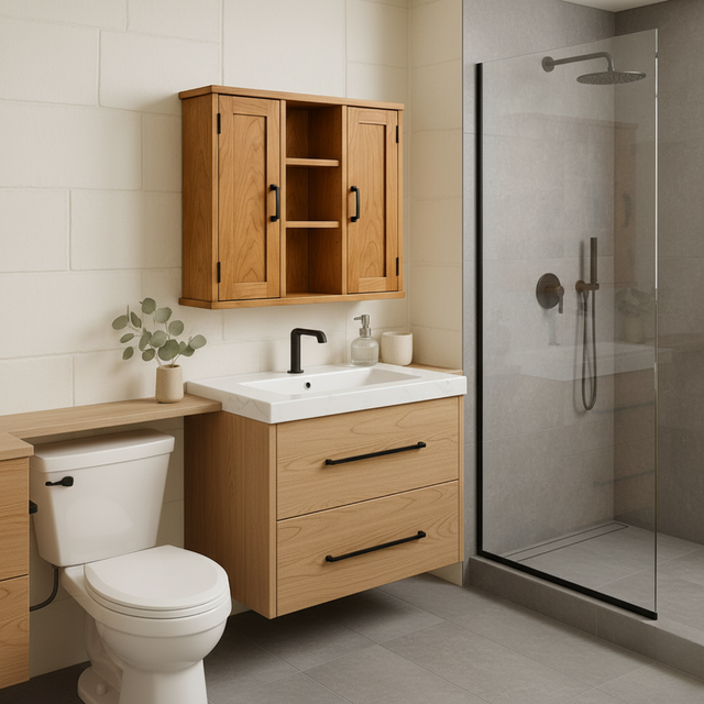 Handcrafted Solid Wood Wall Cabinet with Double Doors and Open Shelves