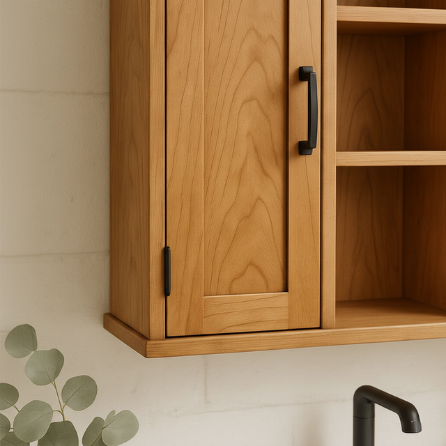 Handcrafted Solid Wood Wall Cabinet with Double Doors and Open Shelves
