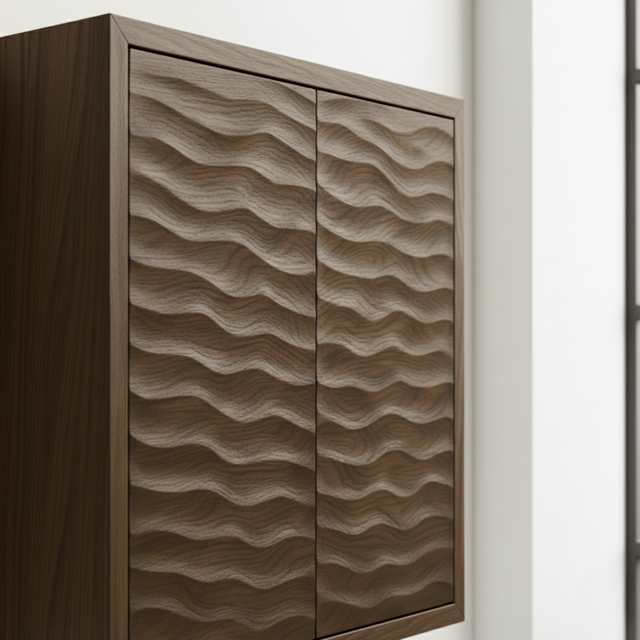 Handcrafted Solid Wood Wave Wall Cabinet with Double Doors for Modern Bathrooms
