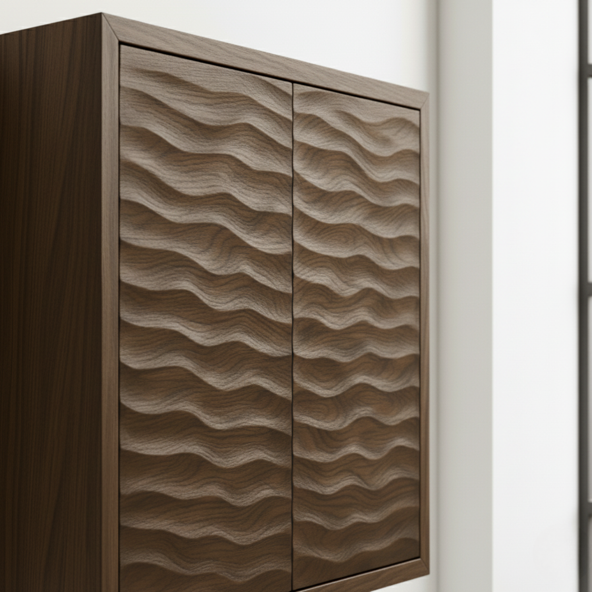 Handcrafted Solid Wood Wave Wall Cabinet with Double Doors for Modern Bathrooms