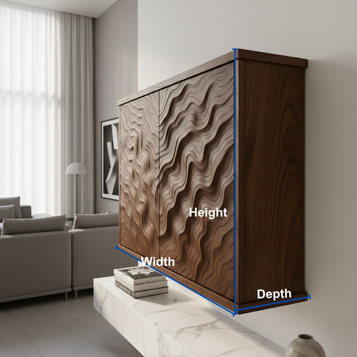 Handcrafted Solid Wood Wave Wall Cabinet with Sculpted Doors for Modern Interiors