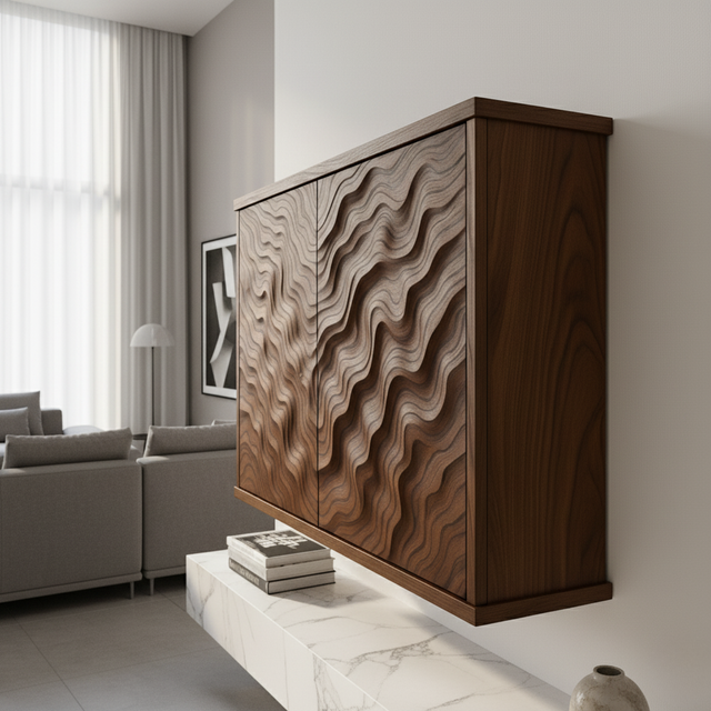 Handcrafted Solid Wood Wave Wall Cabinet with Sculpted Doors for Modern Interiors