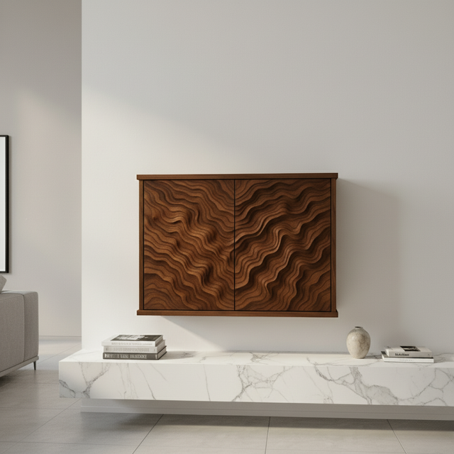 Handcrafted Solid Wood Wave Wall Cabinet with Sculpted Doors for Modern Interiors
