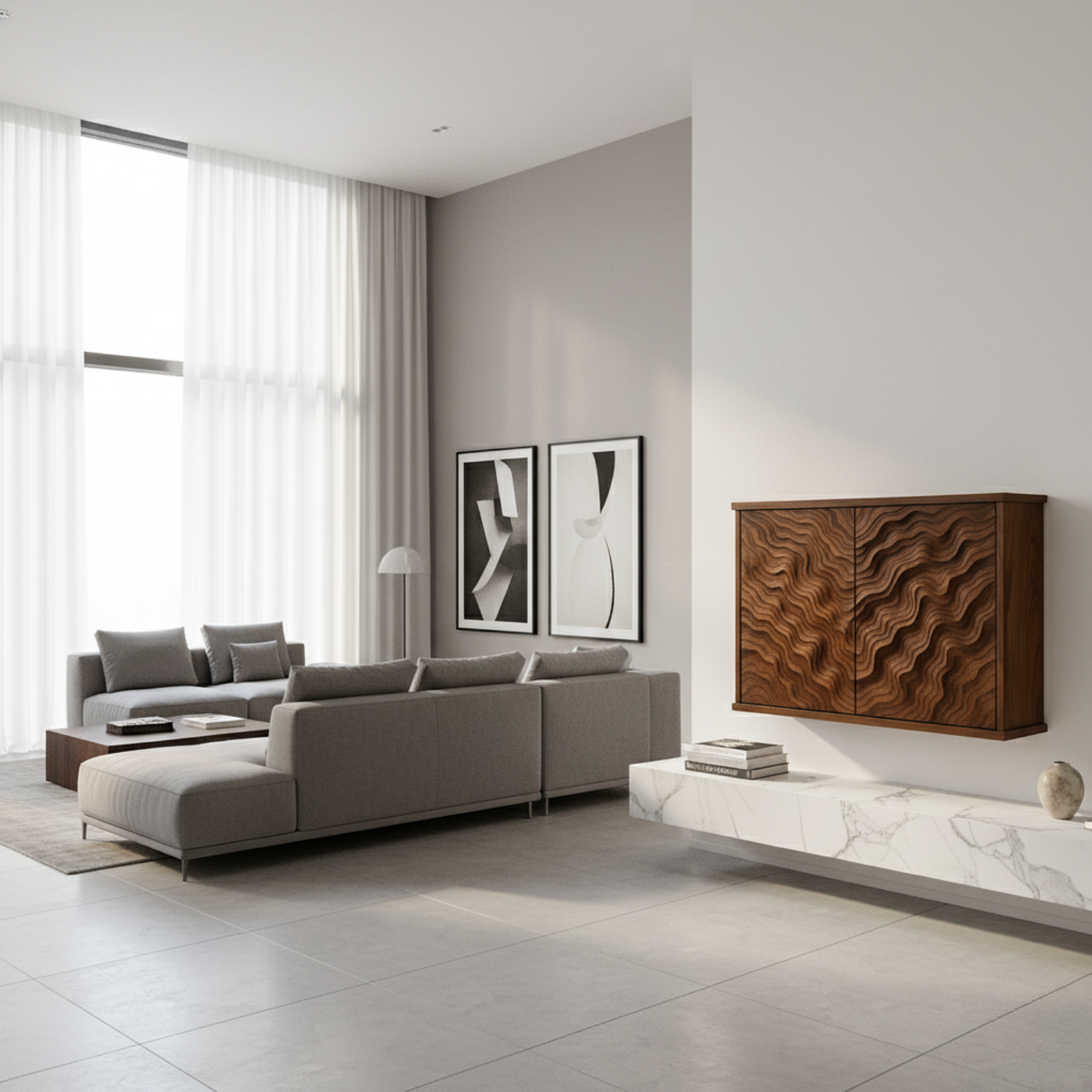 Handcrafted Solid Wood Wave Wall Cabinet with Sculpted Doors for Modern Interiors