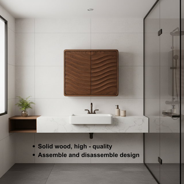 Handcrafted Solid Wood Curved Ripple Wall Cabinet for Modern Bathrooms