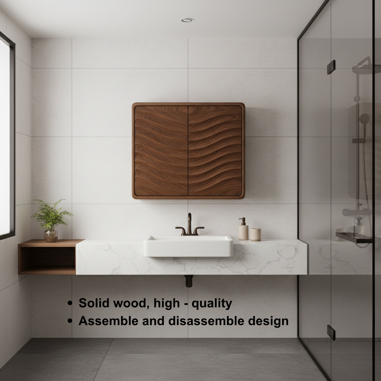 Handcrafted Solid Wood Curved Ripple Wall Cabinet for Modern Bathrooms