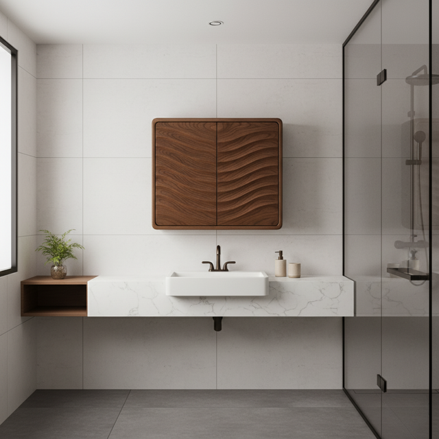 Handcrafted Solid Wood Curved Ripple Wall Cabinet for Modern Bathrooms