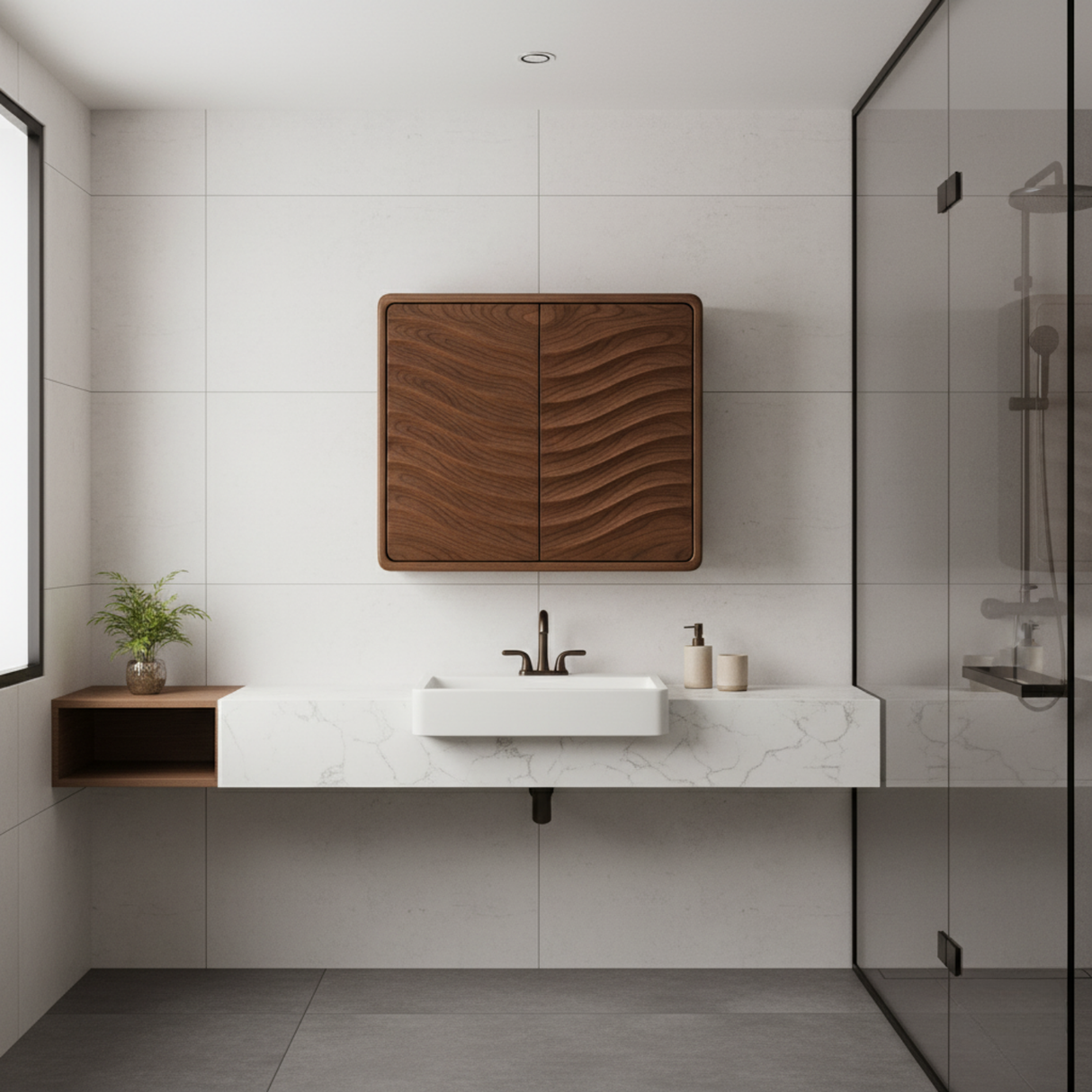 Handcrafted Solid Wood Curved Ripple Wall Cabinet for Modern Bathrooms