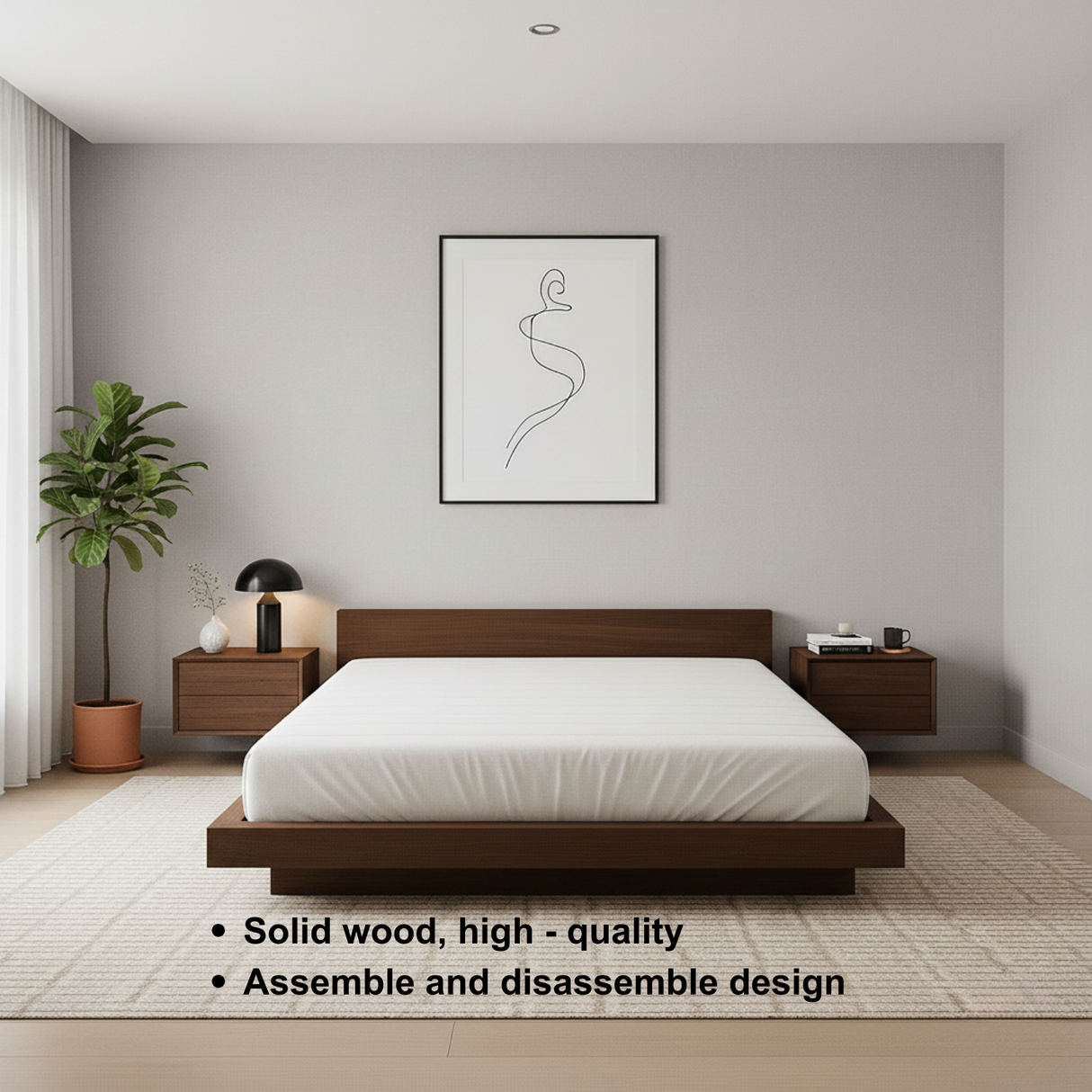 Handcrafted Solid Wood Platform Bed with Minimalist Headboard for Modern Bedrooms