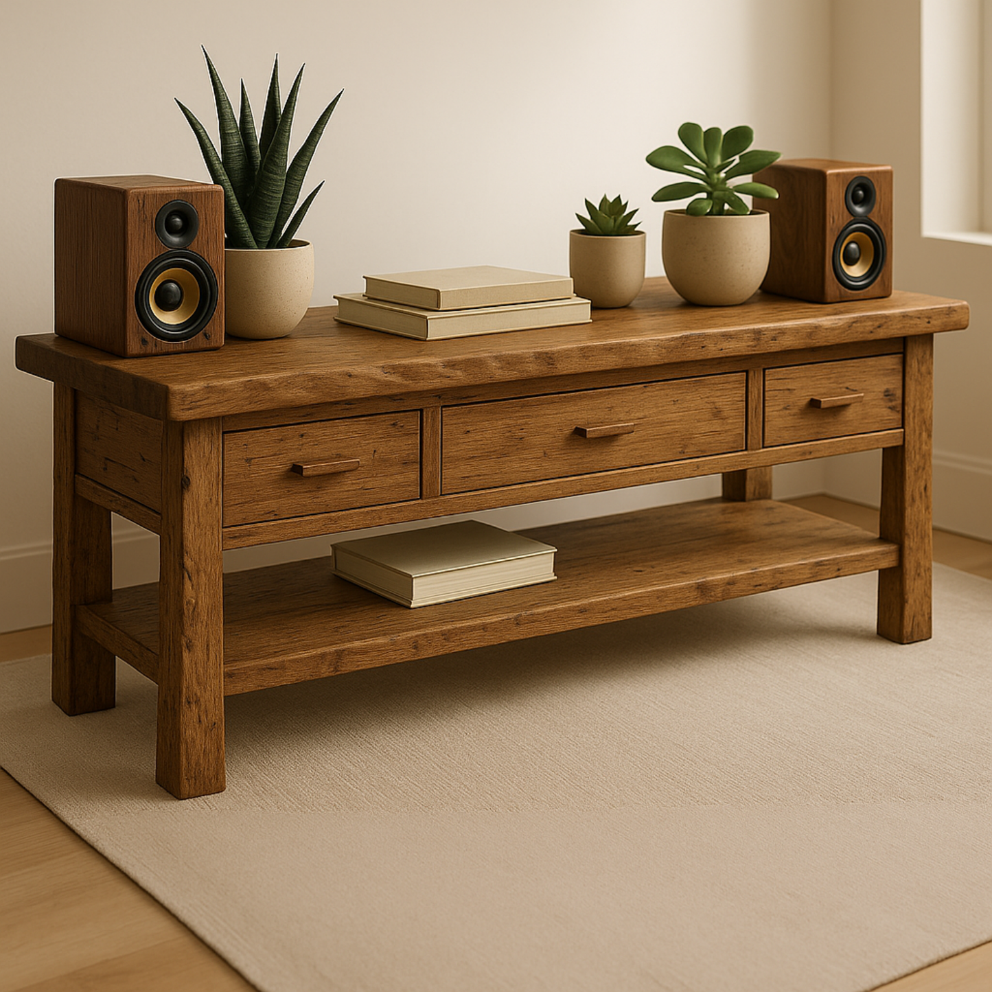 Handcrafted Solid Wood TV Stand with Drawers & Open Shelf – Rustic Console Table for Living Room
