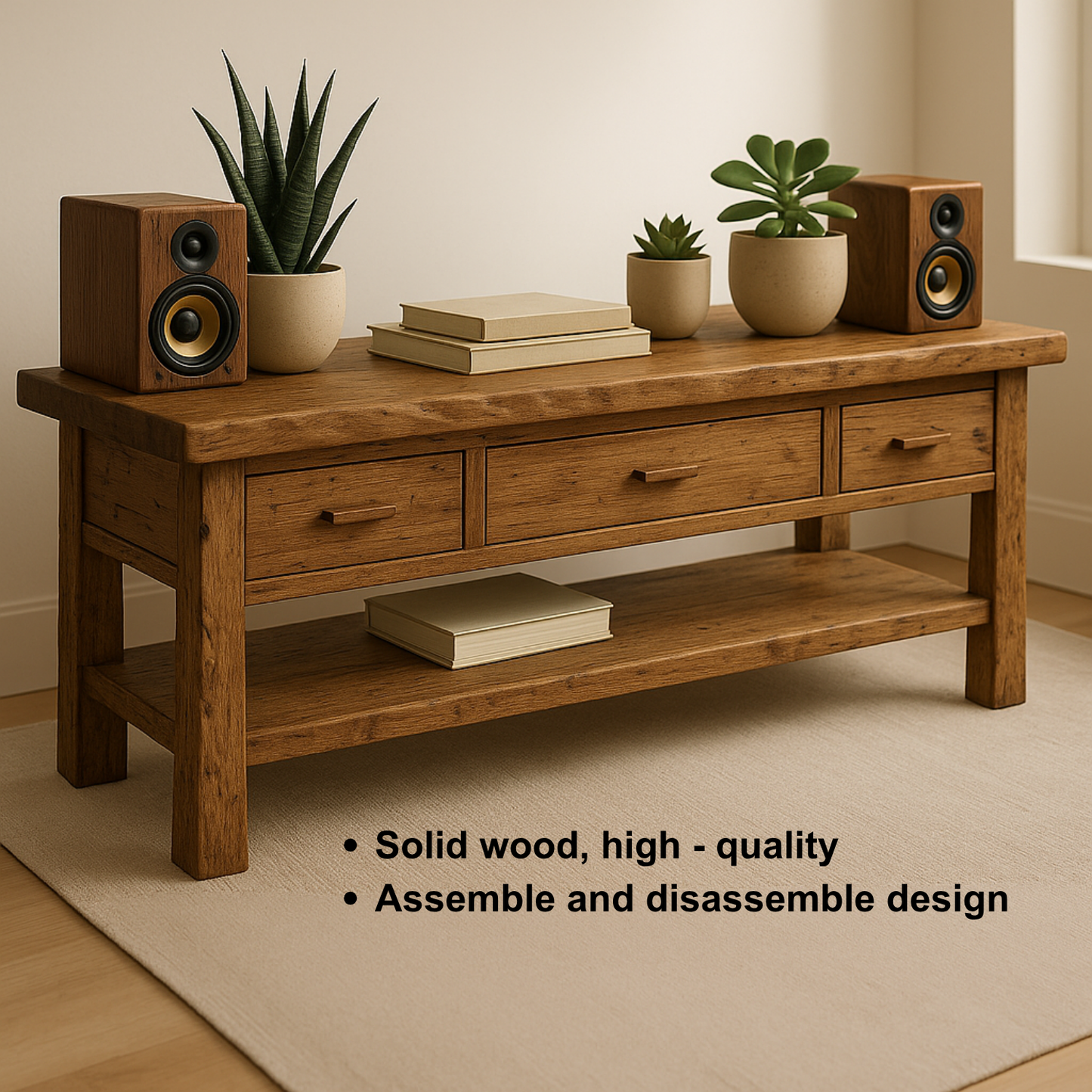 Handcrafted Solid Wood TV Stand with Drawers & Open Shelf – Rustic Console Table for Living Room