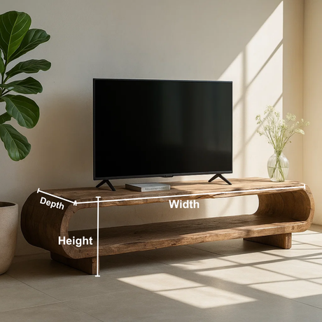 Handcrafted Solid Wood TV Stand – Organic Sculptural Media Console with Natural Rustic Finish and Open Shelves
