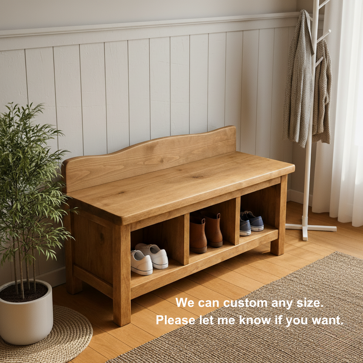 Handcrafted Solid Wood Entryway Bench – Natural Finish Storage Shoe Bench