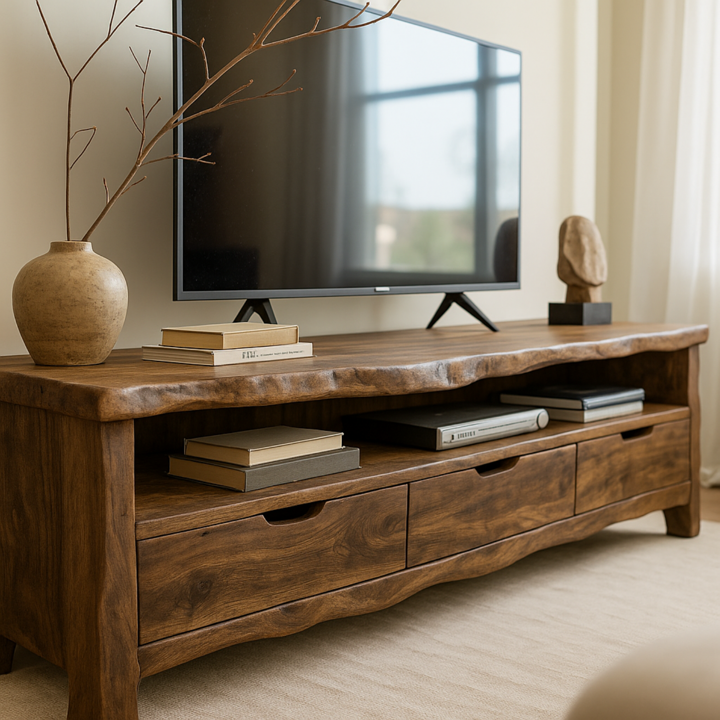 Handcrafted Solid Wood TV Stand with Organic Live Edge – Rustic Media Console with Drawers & Open Shelf