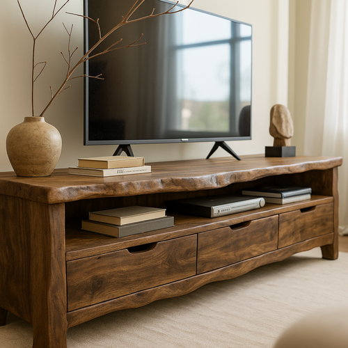 Handcrafted Solid Wood TV Stand with Organic Live Edge – Rustic Media Console with Drawers & Open Shelf