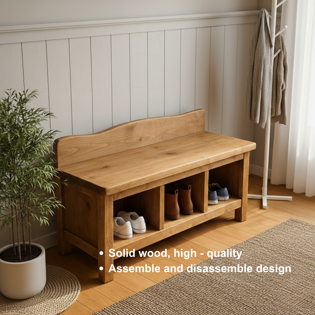 Handcrafted Solid Wood Entryway Bench – Natural Finish Storage Shoe Bench