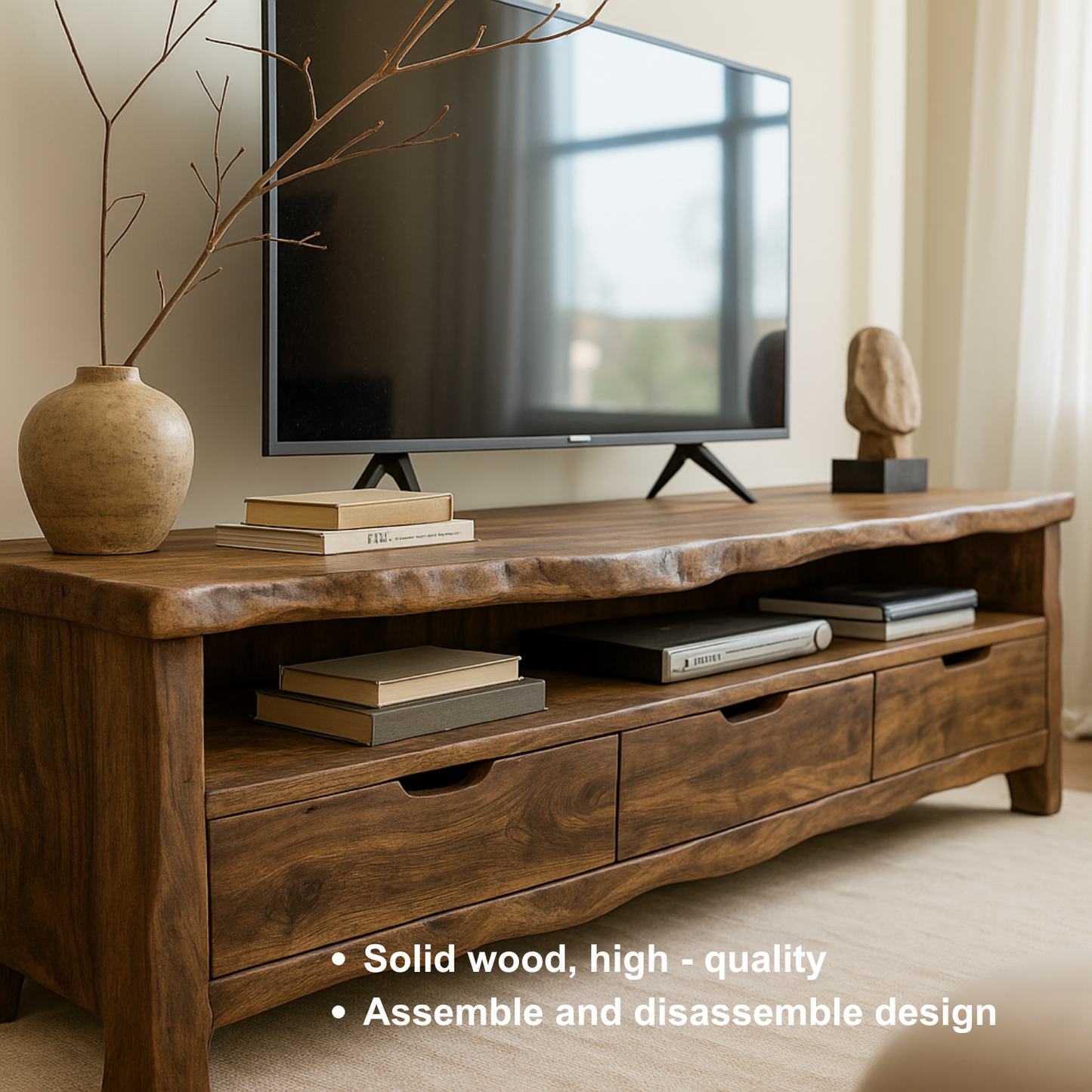 Handcrafted Solid Wood TV Stand with Organic Live Edge – Rustic Media Console with Drawers & Open Shelf