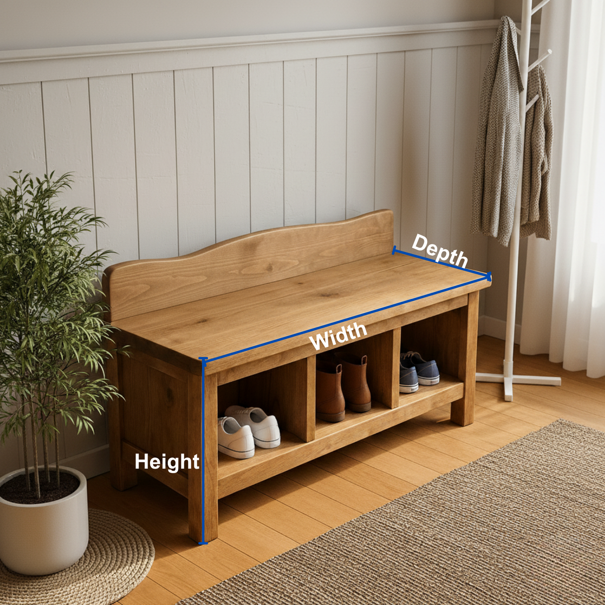 Handcrafted Solid Wood Entryway Bench – Natural Finish Storage Shoe Bench