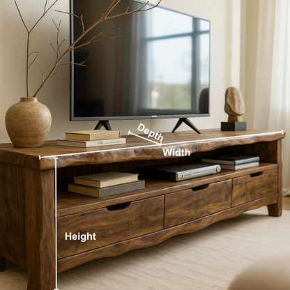 Handcrafted Solid Wood TV Stand with Organic Live Edge – Rustic Media Console with Drawers & Open Shelf