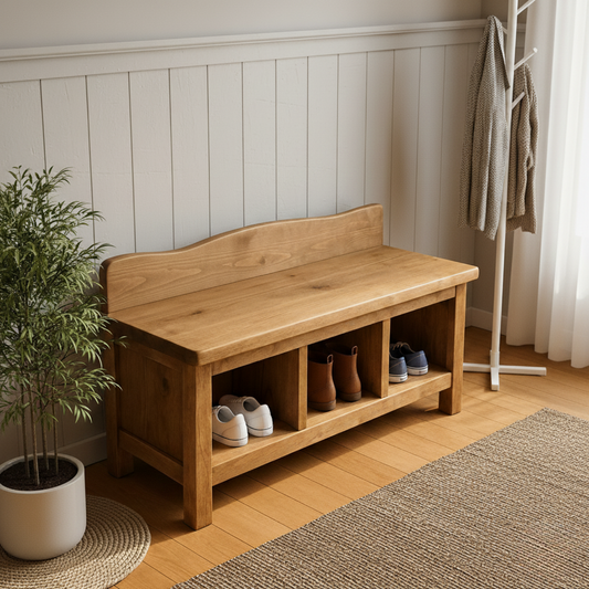 Handcrafted Solid Wood Entryway Bench – Natural Finish Storage Shoe Bench