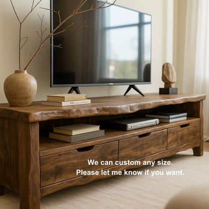 Handcrafted Solid Wood TV Stand with Organic Live Edge – Rustic Media Console with Drawers & Open Shelf