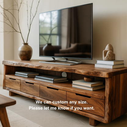 Handcrafted Solid Wood TV Stand with Live Edge Design – Rustic Organic Media Console with Drawers & Open Shelf