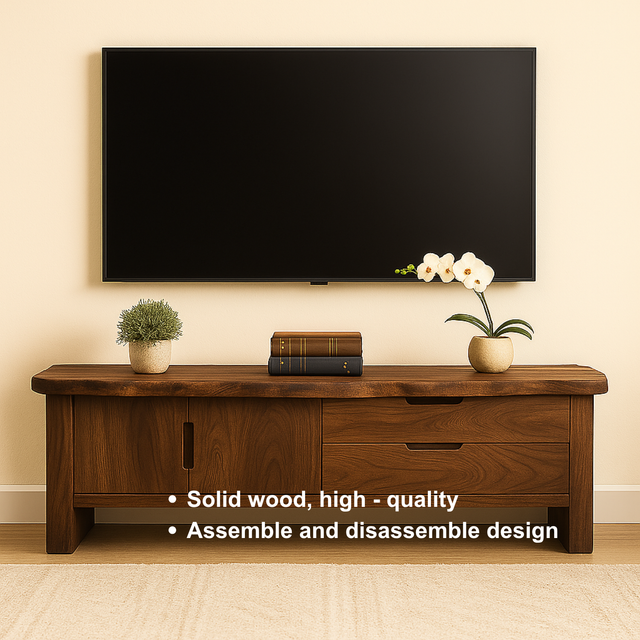 Handcrafted Solid Wood TV Stand with Live Edge Top – Modern Media Console with Cabinet & Drawers