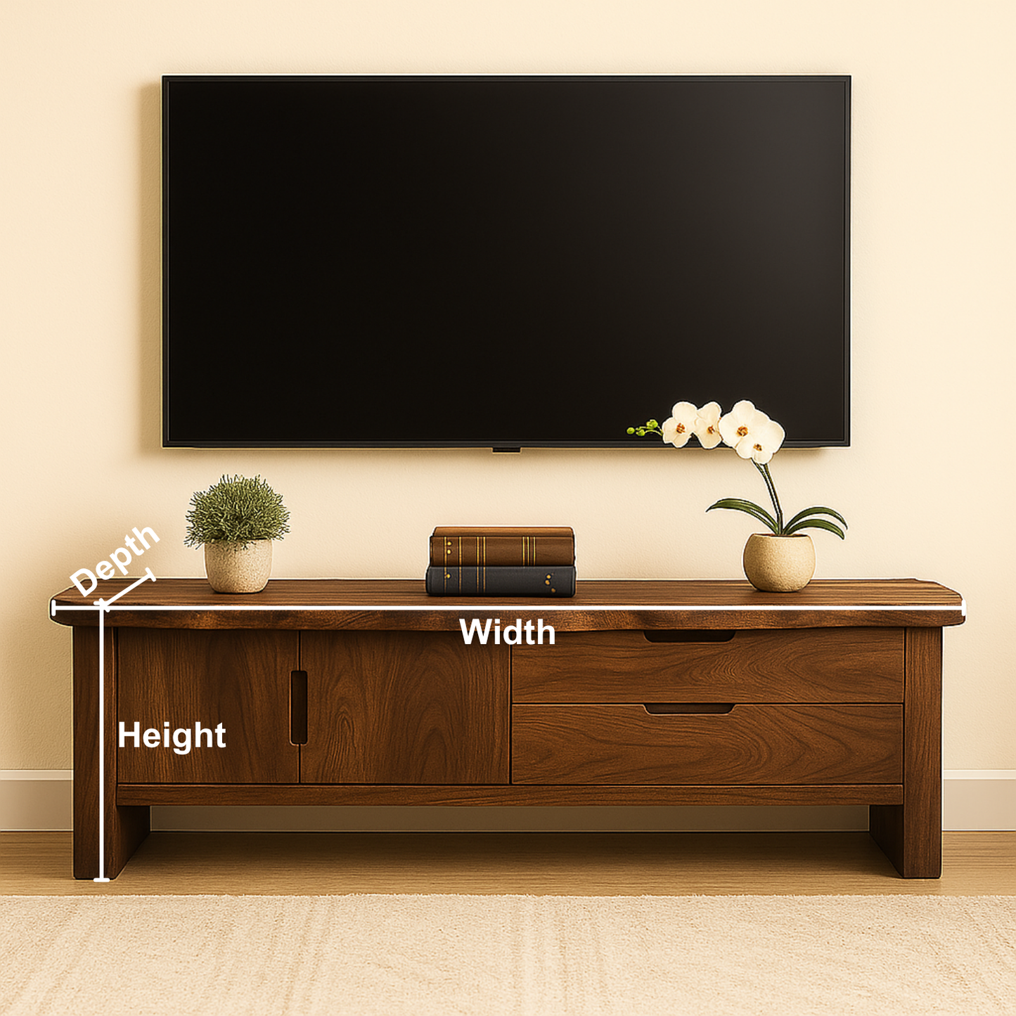Handcrafted Solid Wood TV Stand with Live Edge Top – Modern Media Console with Cabinet & Drawers