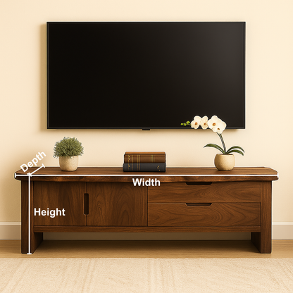 Handcrafted Solid Wood TV Stand with Live Edge Top – Modern Media Console with Cabinet & Drawers
