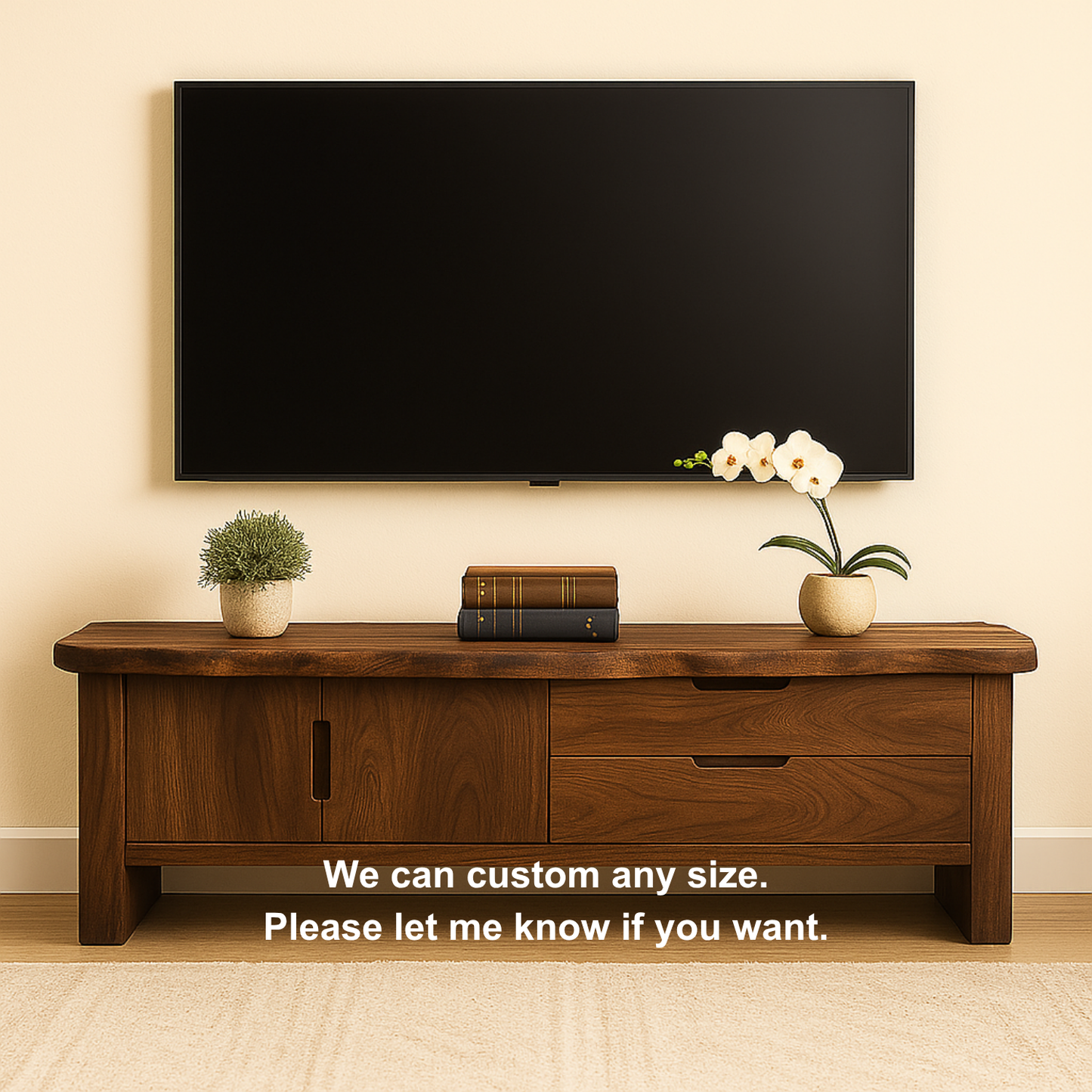 Handcrafted Solid Wood TV Stand with Live Edge Top – Modern Media Console with Cabinet & Drawers