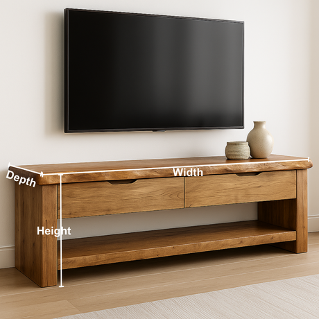Handcrafted Solid Wood TV Stand with Live Edge Top – Rustic Natural Media Console with Drawers & Open Shelf