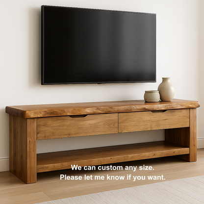 Handcrafted Solid Wood TV Stand with Live Edge Top – Rustic Natural Media Console with Drawers & Open Shelf