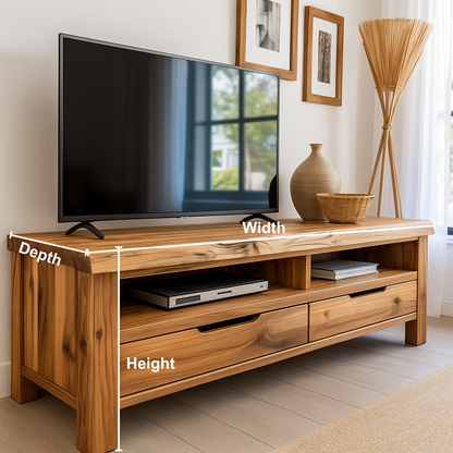 Handcrafted Solid Wood TV Stand with Live Edge Design – Rustic Natural Media Console with Drawers & Open Shelves