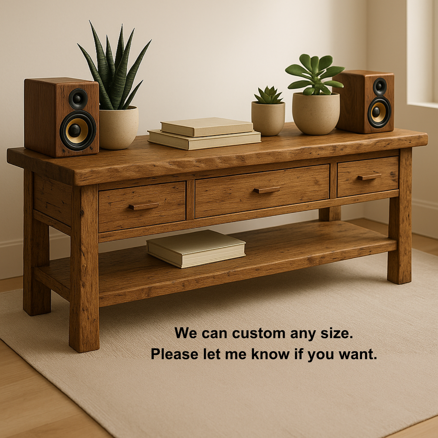 Handcrafted Solid Wood TV Stand with Drawers & Open Shelf – Rustic Console Table for Living Room