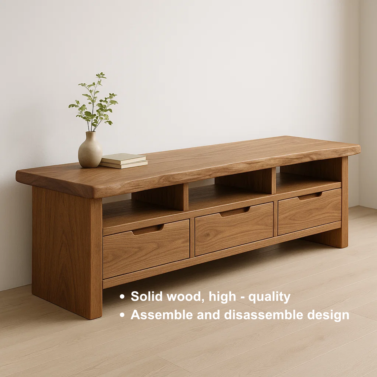 Handcrafted Solid Wood TV Stand with Smooth Live Edge – Modern Rustic Media Console with Drawers & Open Shelves