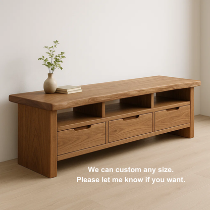 Handcrafted Solid Wood TV Stand with Smooth Live Edge – Modern Rustic Media Console with Drawers & Open Shelves