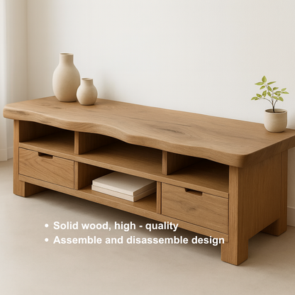 Handcrafted Solid Wood TV Stand with Wavy Live Edge – Organic Modern Media Console with Drawers & Open Shelves