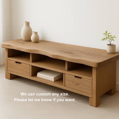 Handcrafted Solid Wood TV Stand with Wavy Live Edge – Organic Modern Media Console with Drawers & Open Shelves