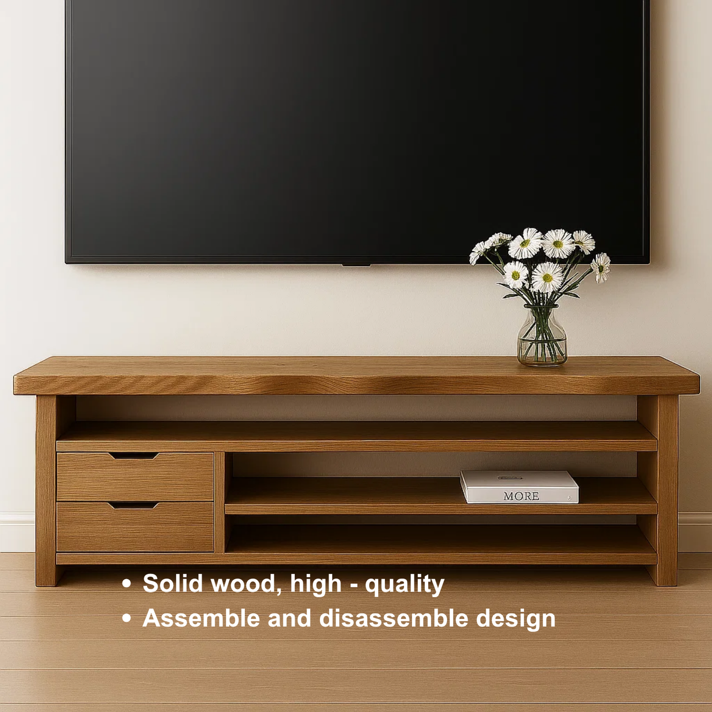Handcrafted Solid Wood TV Stand with Live Edge Top – Modern Minimal Media Console with Drawers & Open Shelves