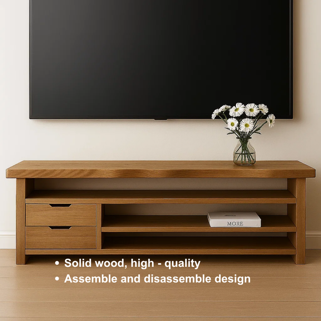 Handcrafted Solid Wood TV Stand with Live Edge Top – Modern Minimal Media Console with Drawers & Open Shelves