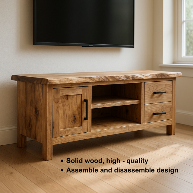 Handcrafted Solid Wood TV Stand with Live Edge Top – Rustic Modern Media Console with Drawers & Cabinet