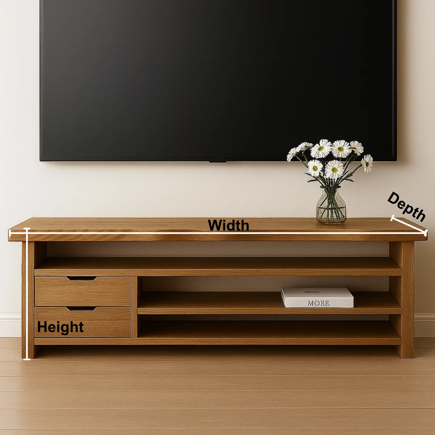 Handcrafted Solid Wood TV Stand with Live Edge Top – Modern Minimal Media Console with Drawers & Open Shelves