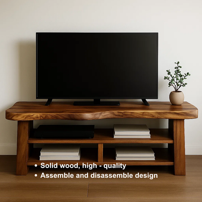 Handcrafted Solid Wood TV Stand with Organic Live Edge – Rustic Modern Open Shelf Media Console