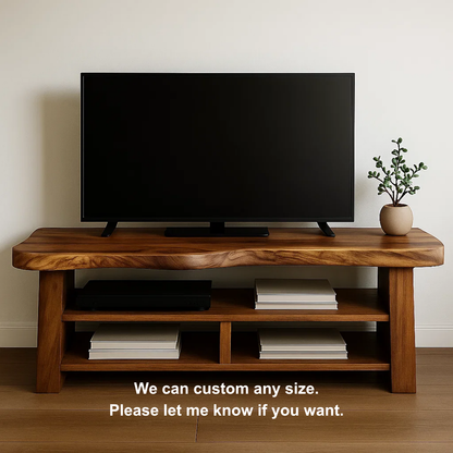 Handcrafted Solid Wood TV Stand with Organic Live Edge – Rustic Modern Open Shelf Media Console