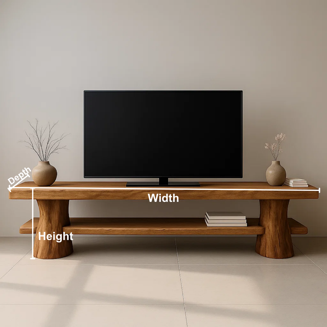 Handcrafted Solid Wood TV Stand with Sculpted Column Legs – Organic Modern Media Console with Open Shelf