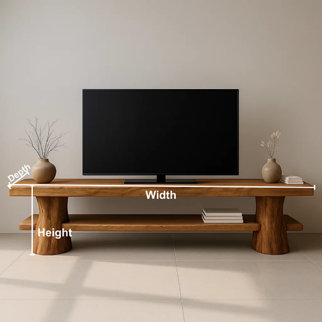 Handcrafted Solid Wood TV Stand with Sculpted Column Legs – Organic Modern Media Console with Open Shelf