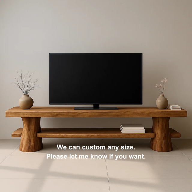 Handcrafted Solid Wood TV Stand with Sculpted Column Legs – Organic Modern Media Console with Open Shelf