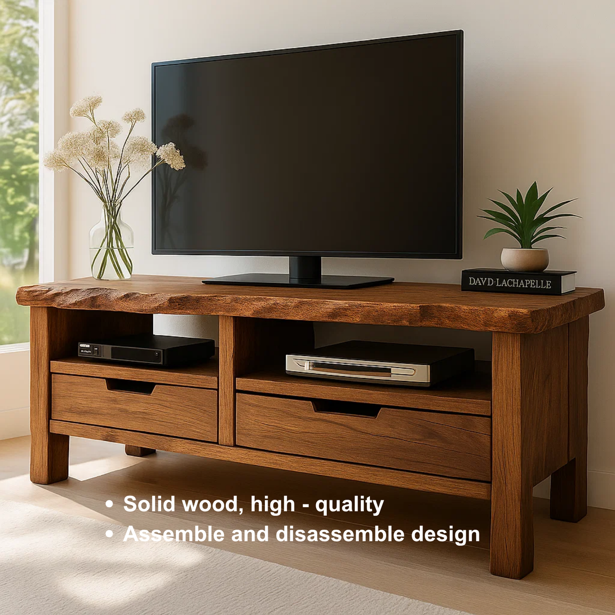 Handcrafted Solid Wood TV Stand with Live Edge Top – Rustic Organic Media Console with Drawers & Open Shelves