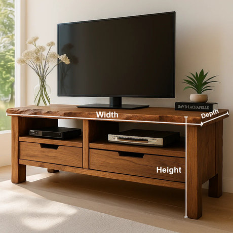 Handcrafted Solid Wood TV Stand with Live Edge Top – Rustic Organic Media Console with Drawers & Open Shelves